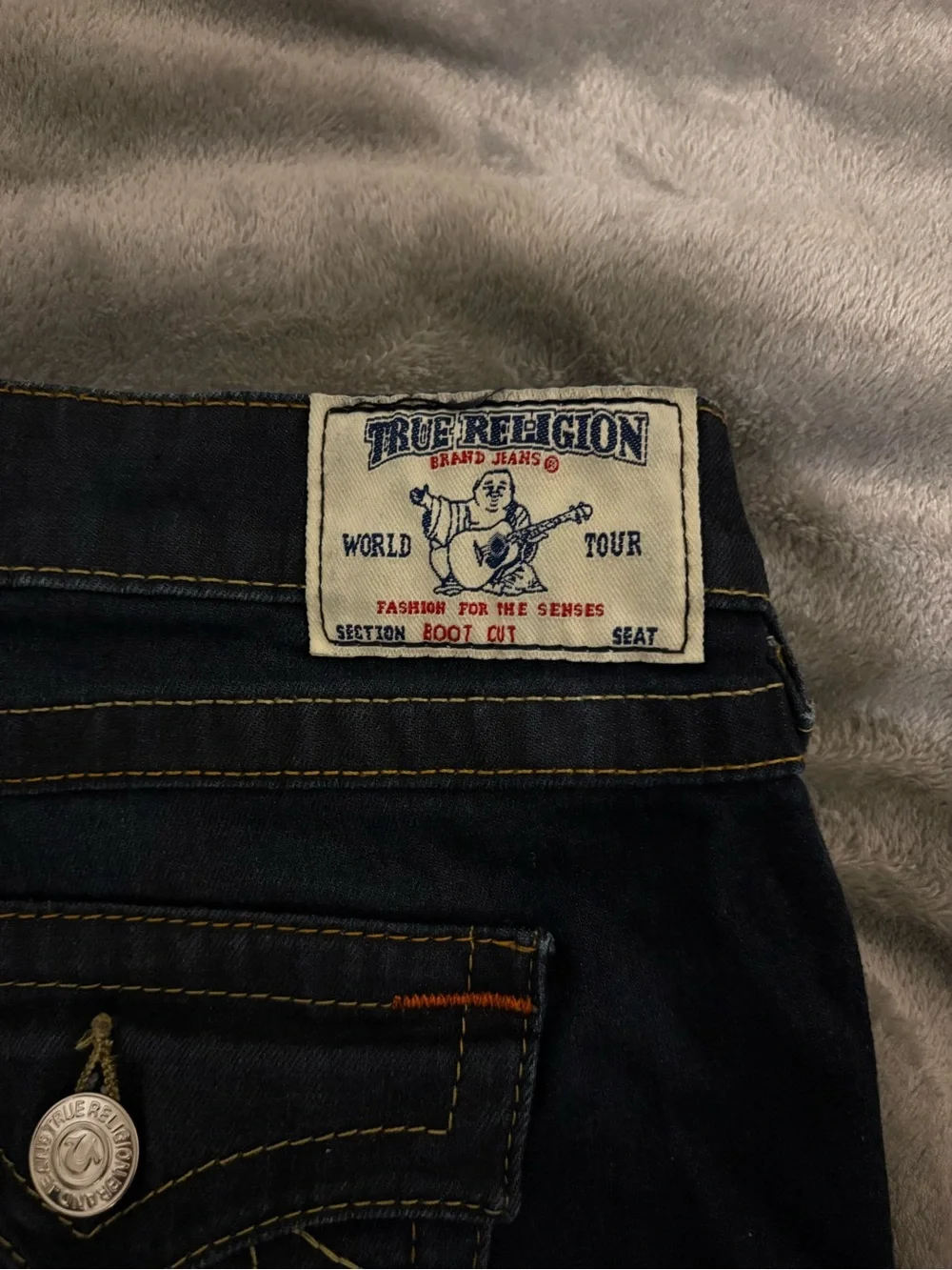 True Religion Men's Dark Indigo Straight Jeans with Contrast Stitching